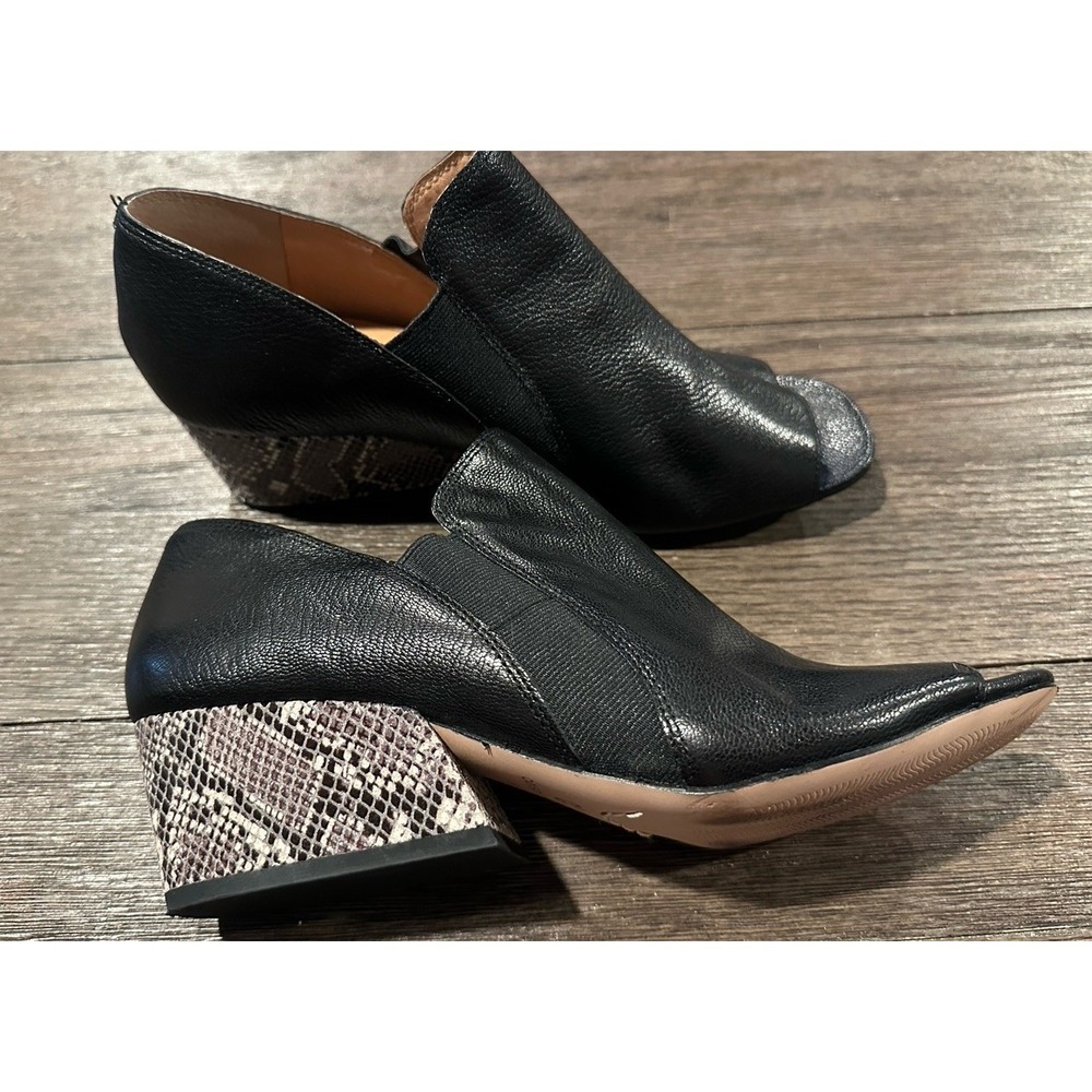 Corso Como Black Leather Peep-Toe Wedge Booties with Snake-Print Heel